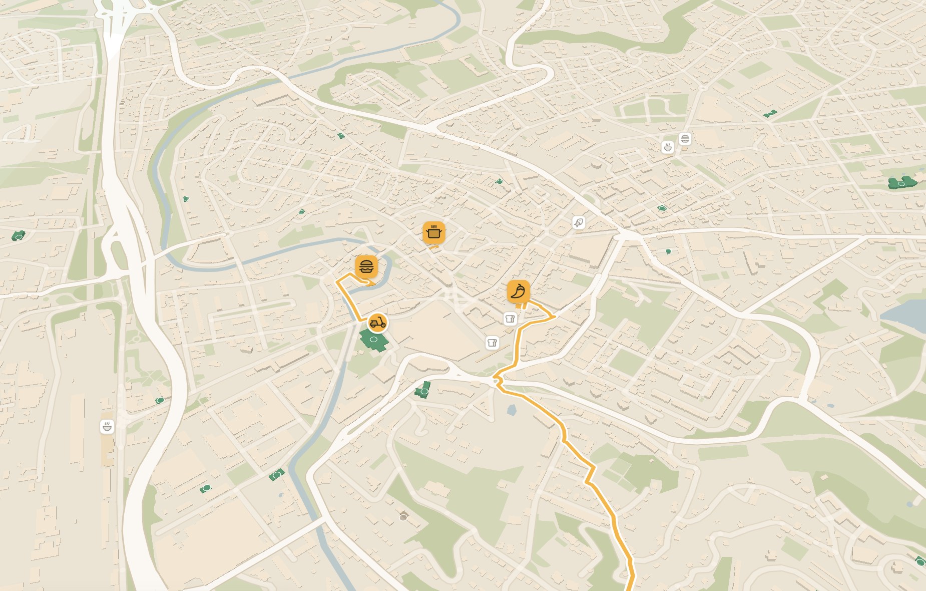 City map with partner restaurants, a courier on the way and a live delivery route